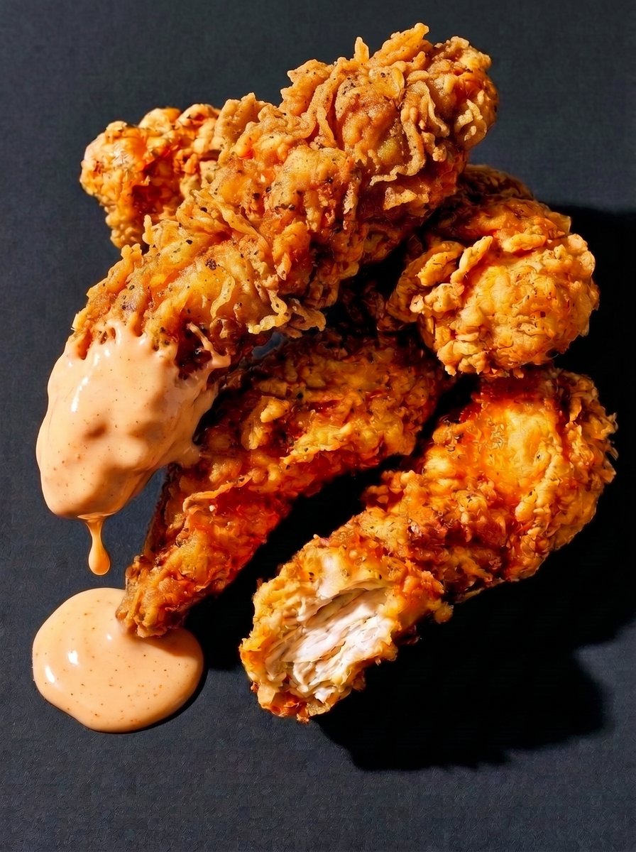 Flaky hand-breaded chicken fingers, one dipped in house sauce and dripping onto the table