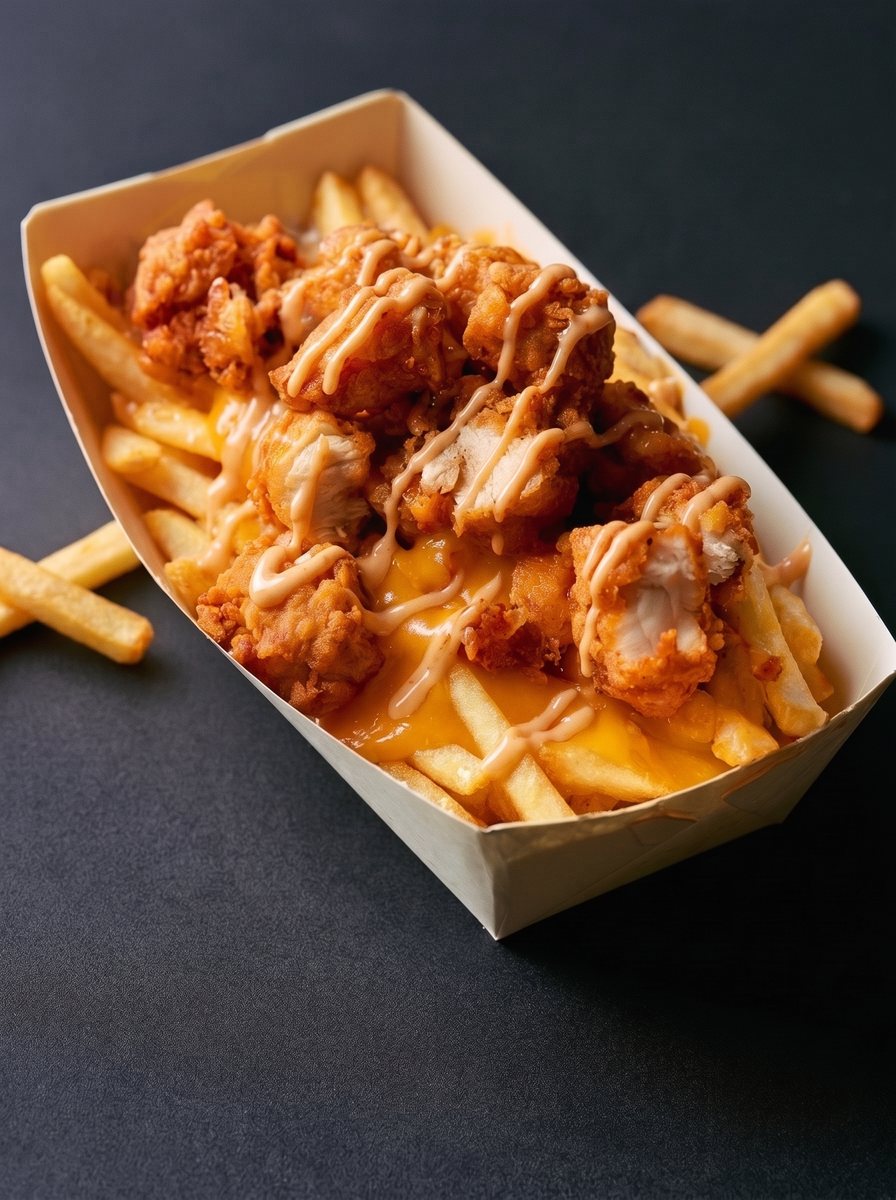 Fries loaded with chopped chicken tenders, cheese sauce, and a house sauce drizzle