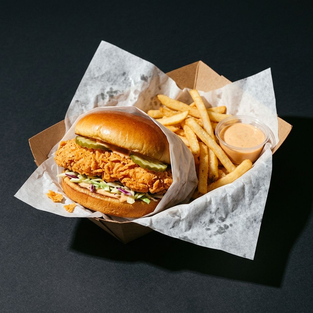 Hot chicken sandwich meal with seasoned fries, slaw, and a dip