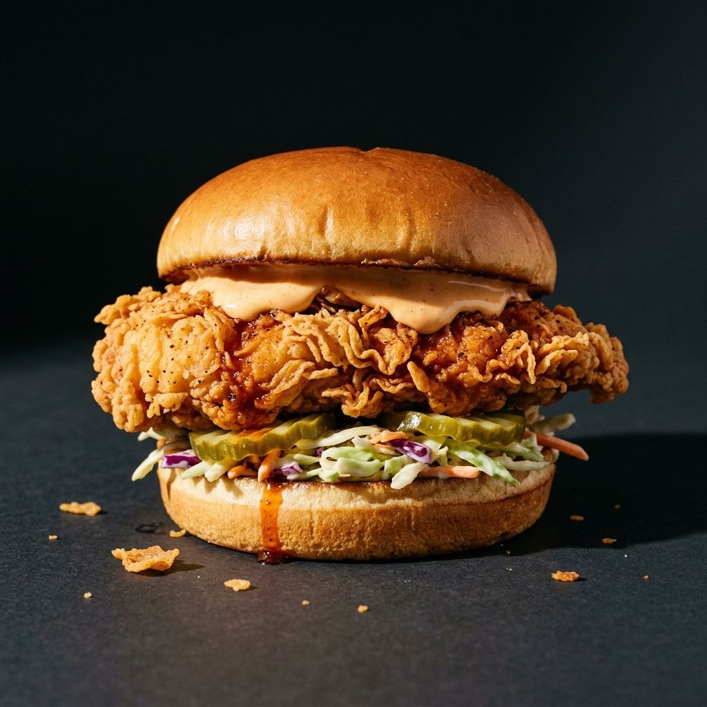 Nashville hot chicken sandwich with slaw and pickles on a brioche bun