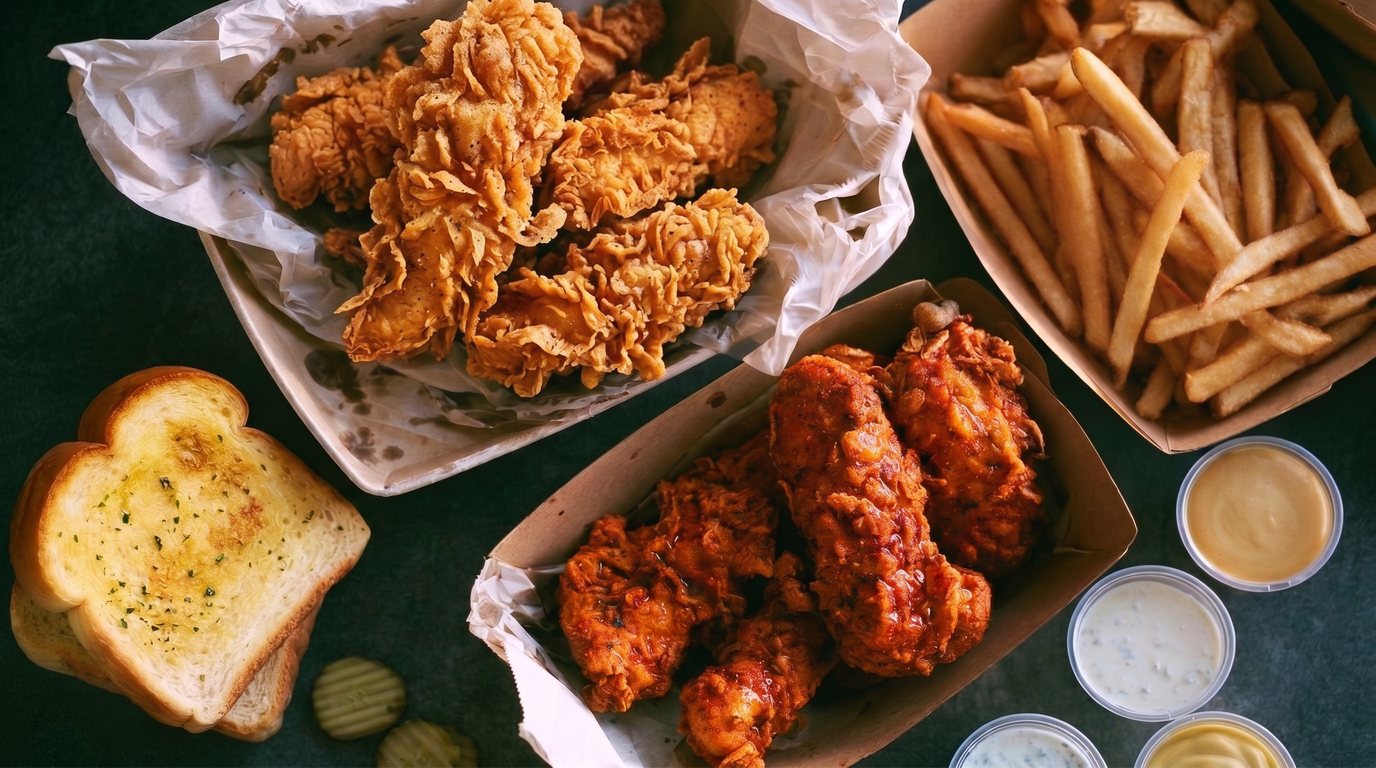 Chicken fingers two ways with garlic Texas toast, pickles, fries, and dips