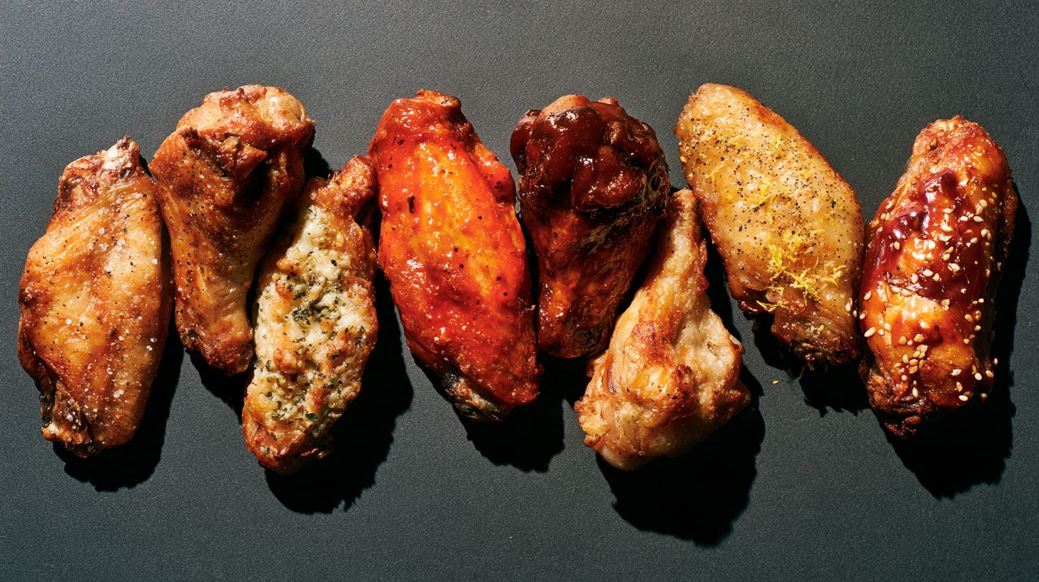 Six piles of wings in different finishes, from crispy to glazed